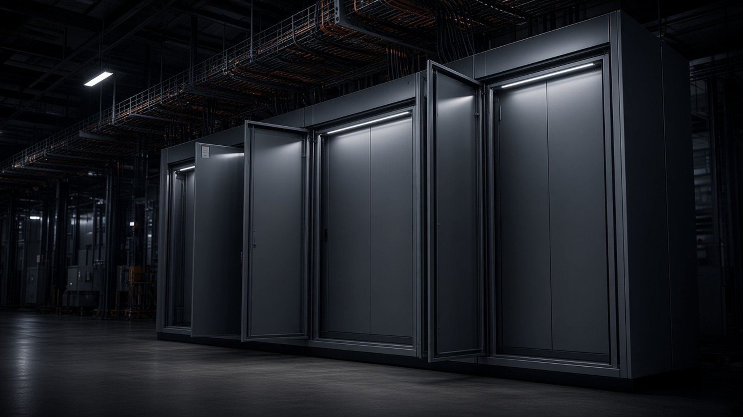 Second view of a dark equipment bay with cabinets and cable trays.